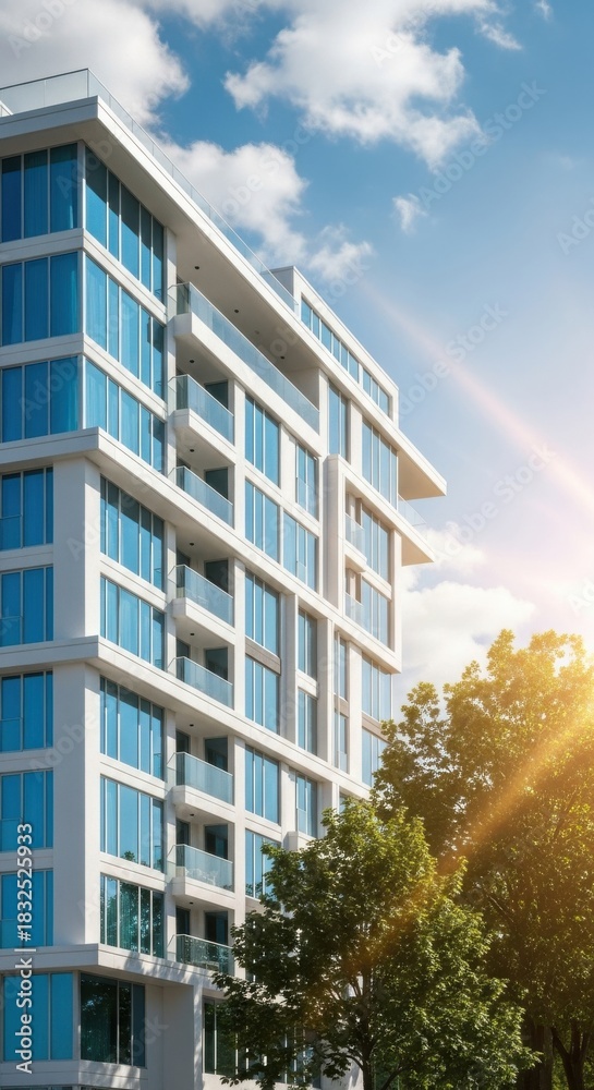 Fototapeta premium Modern White Apartment Building with Blue Windows