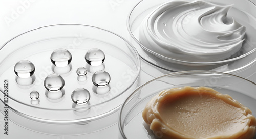 Cosmetic products in petri dishes showing different formulas and consistencies