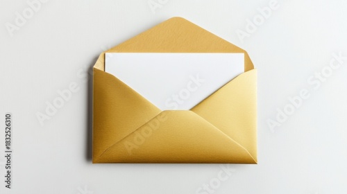 Open gold envelope with a blank greeting card inside