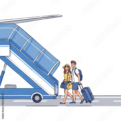 Illustration of a couple walking with luggage toward an airplane boarding stairway on a tarmac with a white background.