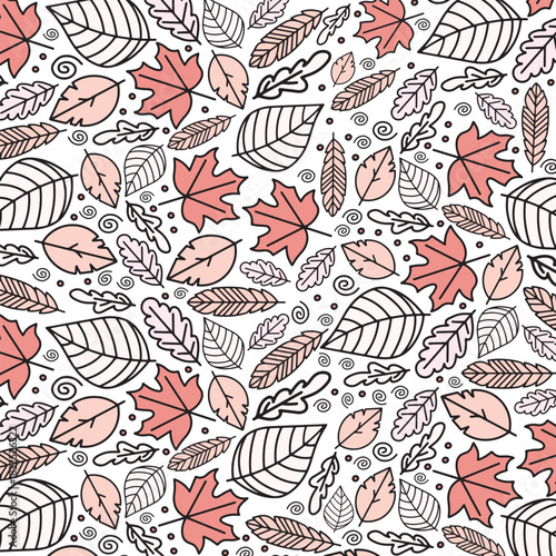 A seamless pattern featuring an array of autumn leaves in various shapes and sizes, with a delicate color palette and intricate line work.