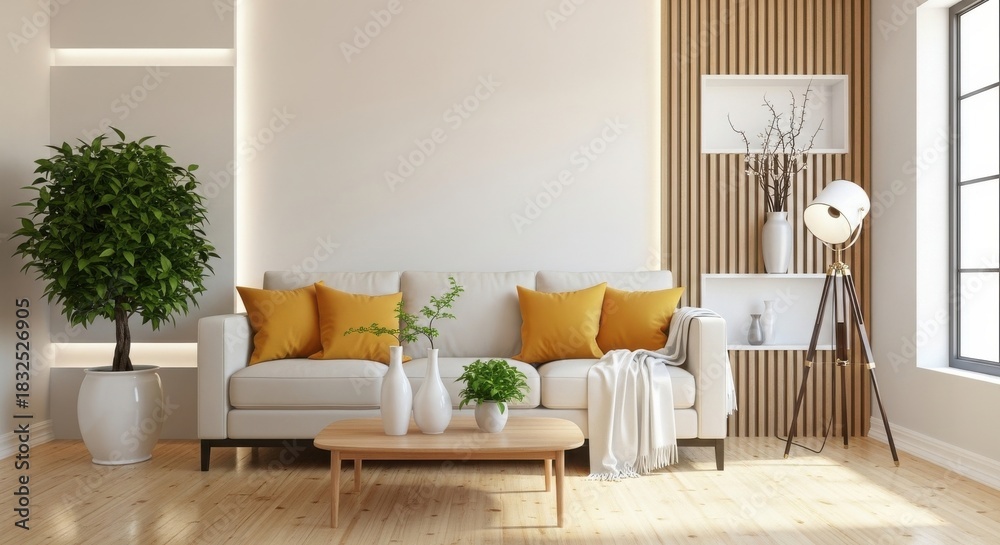 Fototapeta premium Modern Living Room with White Sofa and Yellow Pillows