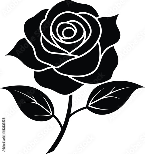 Black silhouette of a rose flower with detailed petals leaves on a background