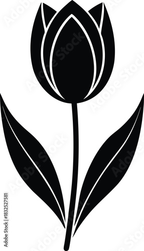 Black silhouette of a single tulip flower with two leaves