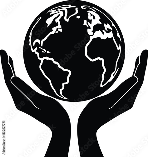 Black Silhouette of Earth Held Gently in Two Open Hands Vector