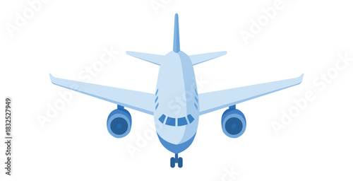 Front view of a light blue commercial passenger airplane ready for takeoff.