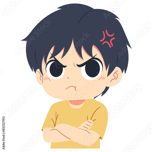 illustration of a cartoon angry boy with arms crossed in isolated white background