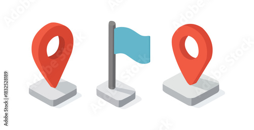 Three isometric map icons: two red pins and a blue flag.