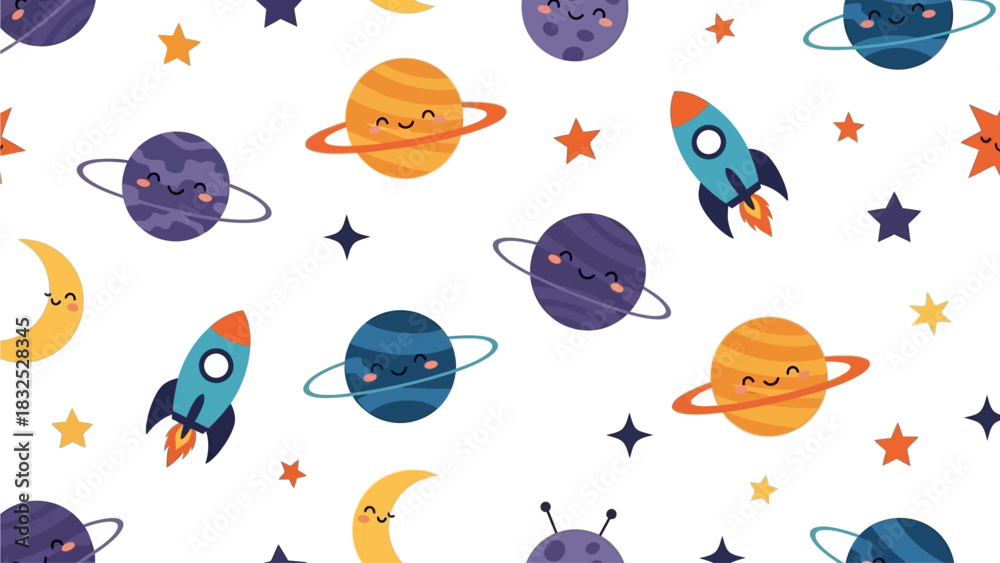 Fototapeta premium An enchanting flat design seamless pattern featuring playful planets, shining stars, and friendly rockets drifting through a deep blue cosmos, ideal for a child's imagination. 