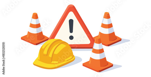 Construction cones, yellow safety helmet, and triangular warning sign icon.