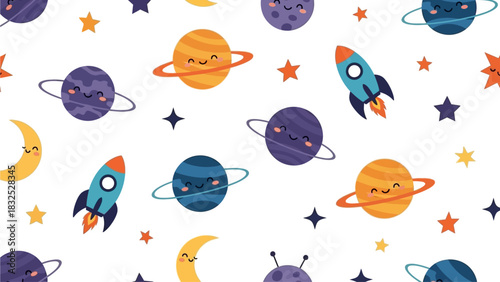 An enchanting flat design seamless pattern featuring playful planets, shining stars, and friendly rockets drifting through a deep blue cosmos, ideal for a child's imagination. 