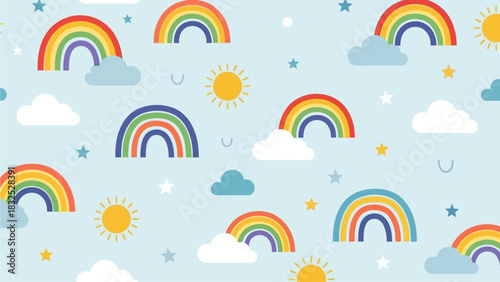 A radiant flat design seamless pattern brimming with cheerful rainbows, bright suns, and soft clouds, designed to bring warmth and happiness to a child's space. 