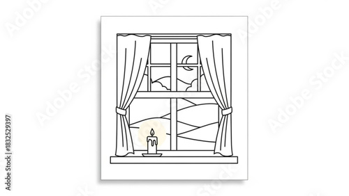 A simple line drawing of a lit candle on a windowsill with curtains framing a nighttime landscape view through the window