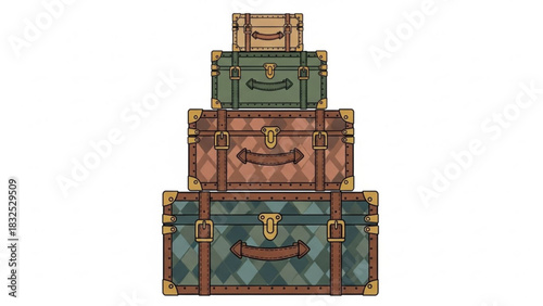 A stack of four vintage suitcases in varying sizes and colors featuring leather straps and metal accents on a white background