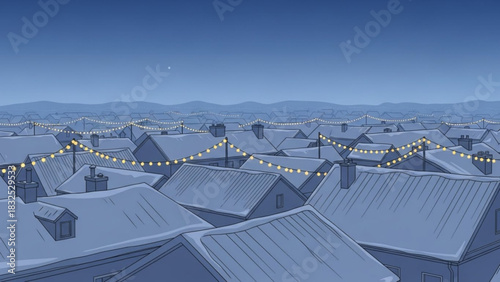 A charming stylized illustration depicts a vast expanse of snow covered rooftops under a deep twilight sky adorned with festive strings of glowing yellow lights