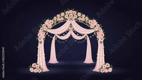 Elegant wedding arch adorned with delicate pink roses and flowing drapery illuminated by twinkling fairy lights creating a romantic atmosphere for ceremonies