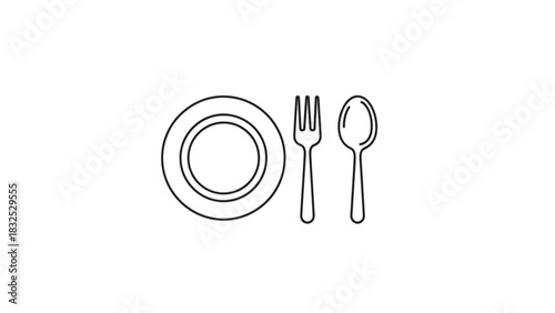 A simple line art illustration depicts a round plate a fork and a spoon arranged side by side on a white background