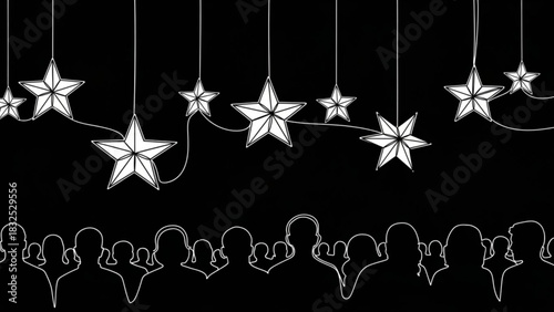 A stark black background showcases a festive arrangement of white outlined stars hanging from thin strings above a silhouetted crowd of people