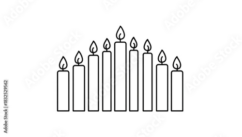A symmetrical arc of nine lit candles with varying heights depicted in a simple black outline style on a white background
