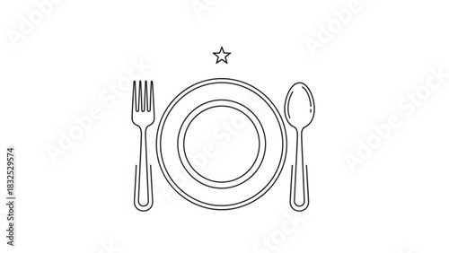 A minimalist line art illustration of a plate with a fork and spoon on either side topped with a single star