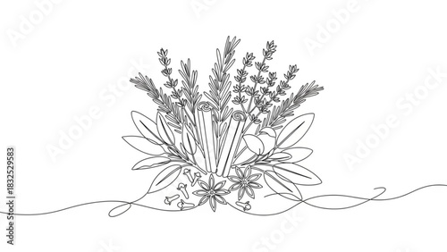 A minimalist line art illustration of a fragrant bouquet featuring aromatic herbs and spices like cinnamon sticks star anise cloves and rosemary