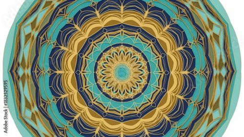 Intricate mandala design with rich blue teal and golden hues evokes a sense of calm and spiritual harmony