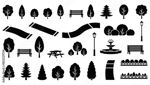 Collection of black silhouette icons representing various park and garden elements including trees, benches, paths, lampposts, and bushes.