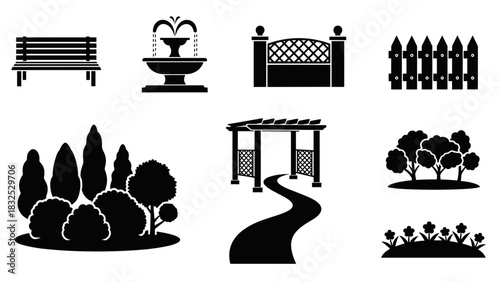Black silhouettes of various garden and park elements including benches, fountains, fences, trees, bushes, pergolas, and paths on a white background.