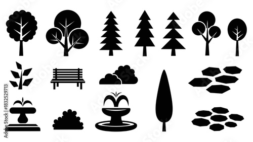 A collection of black silhouette icons representing various park elements including different types of trees, bushes, a bench, fountains, and stepping stones.