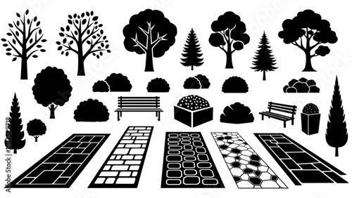 Silhouettes of park and garden elements including various trees, bushes, benches, planters, and different paving patterns.