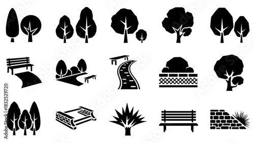 Set of minimalist black icons illustrating common features found in parks and outdoor recreational areas including trees, benches, and pathways.