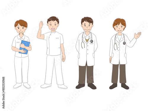 看護師と医者が並ぶ医療スタッフの男女セット