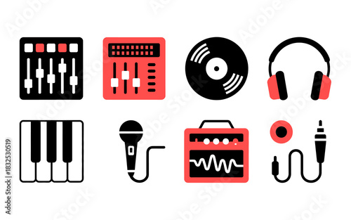 Collection of retro music production and audio equipment icons including a mixing board record headphones keyboard microphone amplifier and audio jack for digital design and illustration