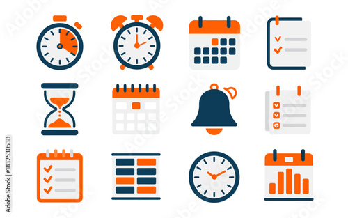 A collection of flat design icons representing time management tools including clocks calendars hourglass and to do lists for planning and scheduling tasks