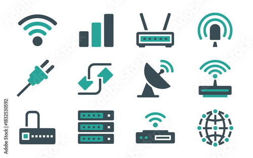A collection of twelve vector icons representing various aspects of wireless technology and internet connectivity including wi fi signals routers satellite dishes network servers and security
