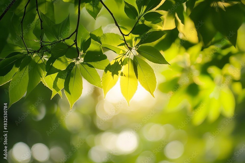 Obraz premium Lush green leaves bathed in sunlight