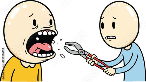 Cartoon Dentist and Patient with Open Mouth and Pliers Illustration Keywords: dentist, patient, open mouth, pliers, dental, teeth, extraction, fear