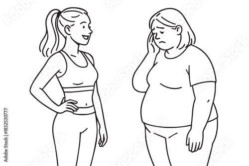 A vector illustration showing two women on a diet journey one feeling energized and cheerful, the other looking discouraged portrayed with supportive, expressive poses to reflect different emotions.