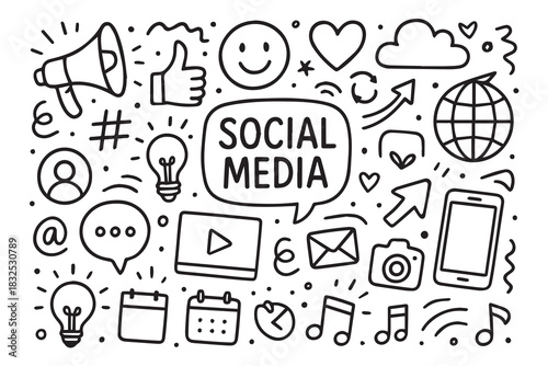 A hand drawn vector background filled with social media doodle icons, including emojis, comments, alerts, and interface symbols, forming a lively repeating pattern with clean and minimal outlines.