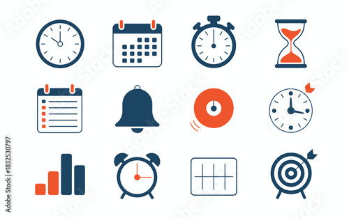 Collection of twelve distinct icons representing time management concepts including clocks calendars alarms hourglass charts and target for business planning and productivity themes
