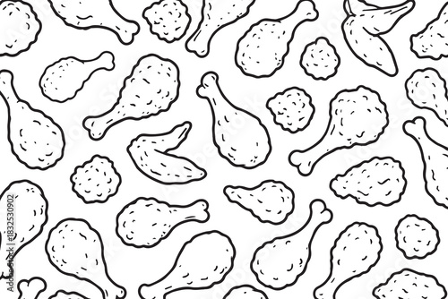 A seamless vector background pattern showing various fried chicken pieces from crunchy wings, drumsticks, arranged in a lively repeating layout that highlights delicious comfort food vibes.