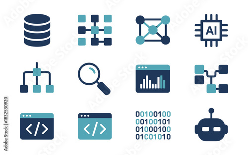 Collection of flat design icons representing data storage network structures artificial intelligence algorithms search analytics coding and robotics for technology and digital concepts