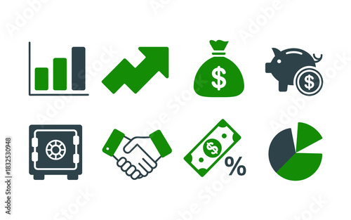 Collection of financial and business icons including a bar graph upward arrow money bag piggy bank safe handshake dollar bill with percentage and pie chart representing growth and investment concepts