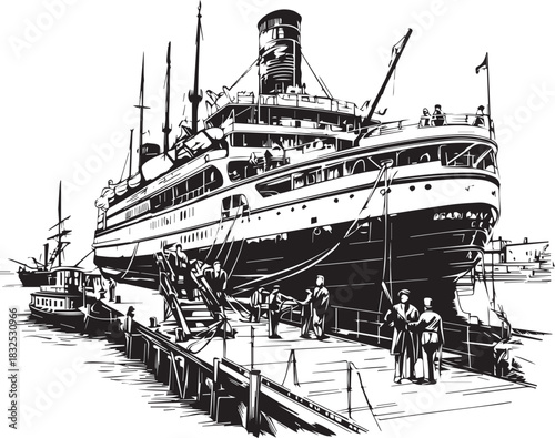 Majestic Steamboat at Dock: An old steamboat, with intricate detailing and towering presence, rests gracefully at the dock, evoking a sense of history and maritime grandeur.