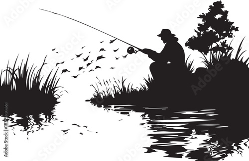 Silhouette of Angler: The silhouette of an angler casting a line into a serene body of water captures the essence of a tranquil day of angling. It conveys solitude and the enjoyment of the moment.