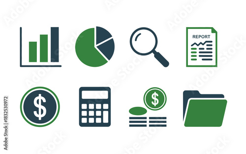 Collection of financial and business icons including a bar chart pie chart magnifying glass document dollar coin calculator and folder representing data analysis and business growth
