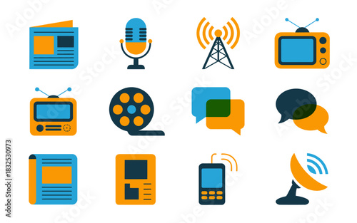 Collection of flat design icons representing various forms of media and communication including television radio newspaper mobile phone and broadcasting tower symbolizing information and news