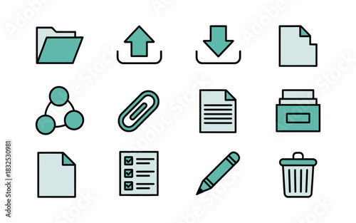 A collection of twelve clean and modern flat design icons representing various digital and office tasks including folders uploads downloads documents paperclips and a trash can