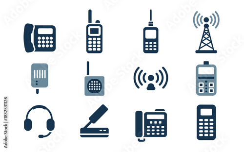 Collection of vintage and modern communication devices icons including telephones walkie talkies cell phones headphones and radio tower representing technology and connectivity