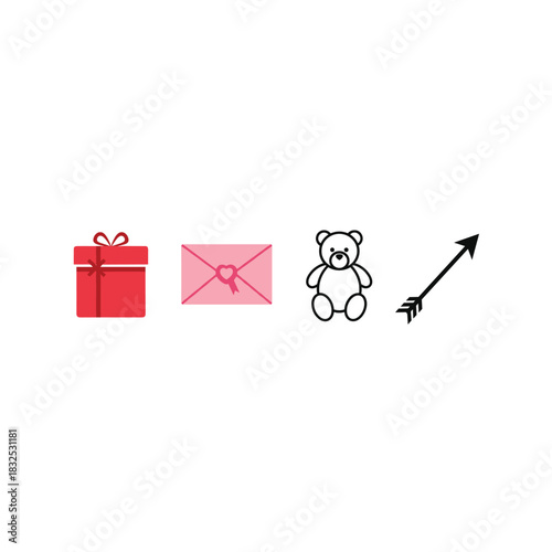 Valentine s day symbols gift envelope teddy bear and cupid s arrow
